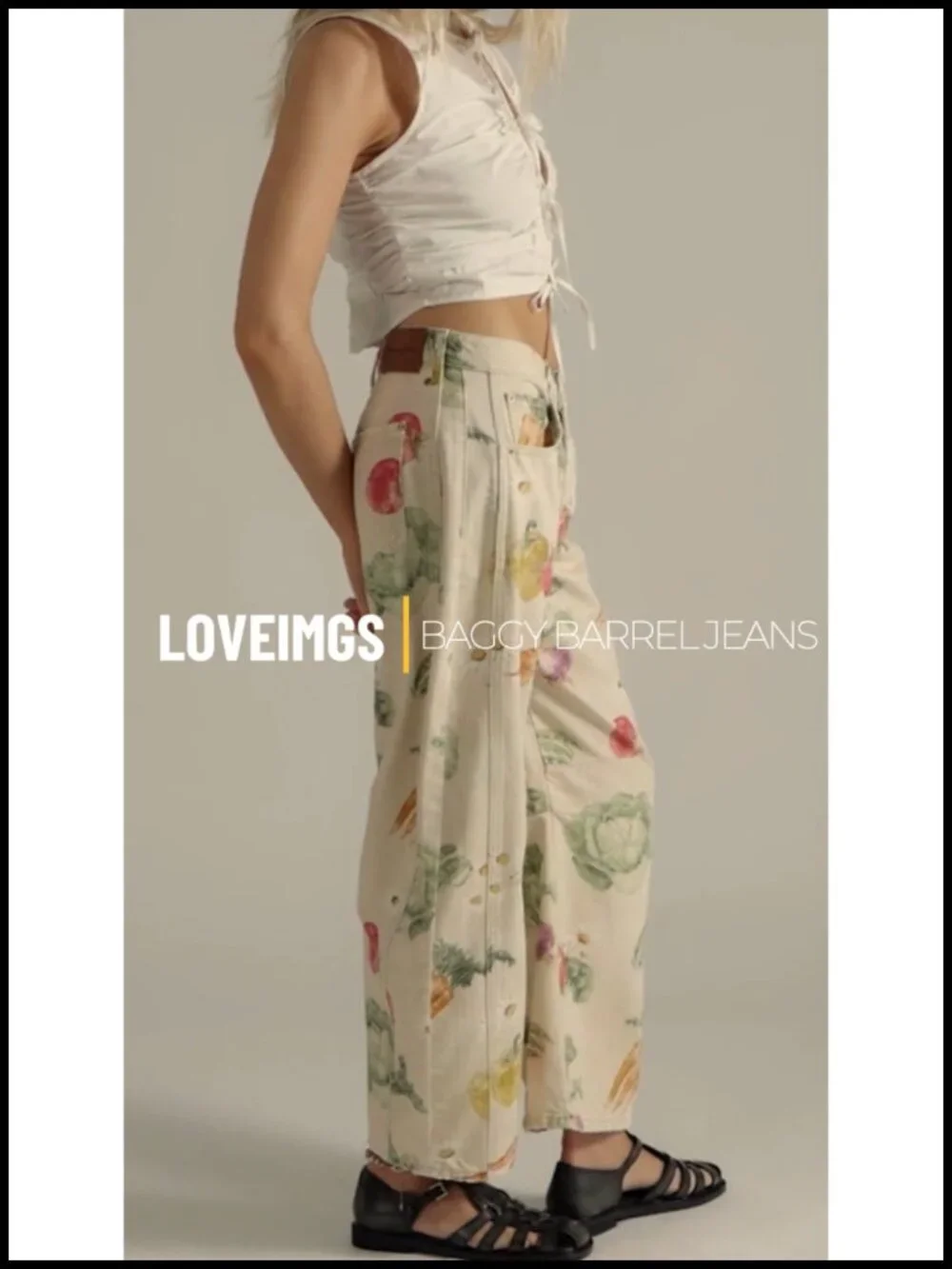 Women Boyfriend Baggy Barrel Jeans Floral Print Denim Ankle Pants Wide Leg Mid